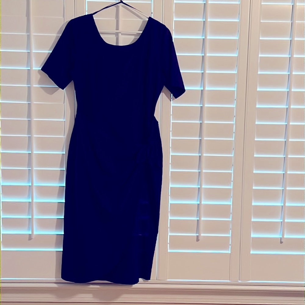 Cinched waist navy dress with zipper in back